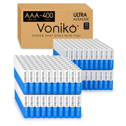 Voniko AAA Batteries 400 Pack - Alkaline Triple A with Reusable Storage Box, Long-Lasting Leakproof 1.5V Batteries for Household & Professional Devices, 10-Year Shelf Life
