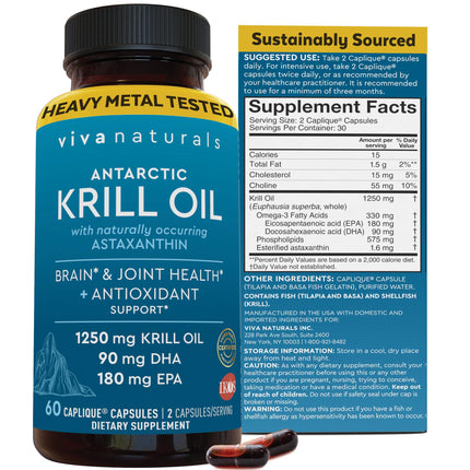 Viva Naturals Antarctic Krill Oil 1250 mg, Omega 3 EPA DHA and Astaxanthin, Joint Support and Brain Supplement with Antioxidant Properties, No Fishy Aftertaste (Pack of 6)
