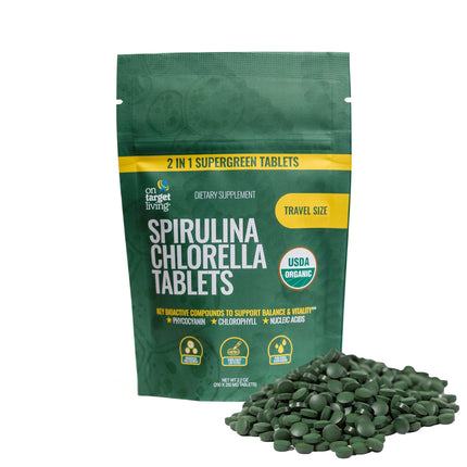 On Target Living Organic Spirulina Chlorella Travel Size | Super Greens | USDA Organic | 250 Tablets- 250 G (2.2 oz) | Vegan | Immune Support | Alkalyzing | Protein Dense