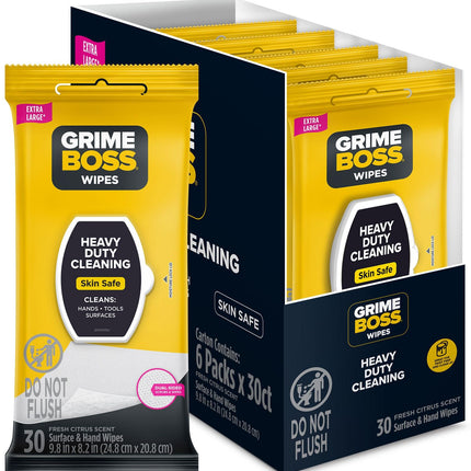 Grime Boss Heavy Duty Wipes (6 x 30ct) | Wet Wipes Used for Hands, Equipment, Tools, Garden, Automotive| Easily Removes Oil, Grease, & Dirt