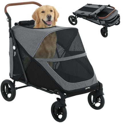 PawHut Dog Stroller for Large Dogs, One-Click Folding 4 Wheel Large Pet Stroller Wagon for Multiple Pets, All Terrain Spring Suspension w/ 8-Position Adjustable Handle, Mesh Window, Up to 66 LBS, Gray