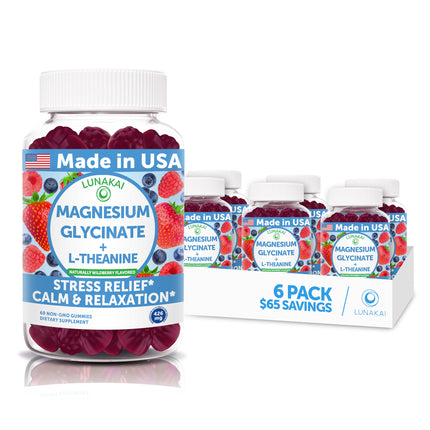 Lunakai USA Made Magnesium Glycinate Gummies 426mg with L-Theanine – Calm, Sleep, Stress Relief for Adults & Kids, Non-GMO, Vegan - 6 Pack