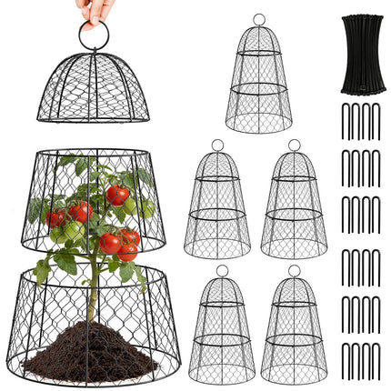 6 Pack Garden Cloche Plant Protectors from Animals, Adjustable 3-Tier Chicken Wire Plant Cages for Outdoor Plants, Stackable Metal Garden Cloches Keep Rabbits, Squirrels & Birds Away, 17.3" x 11.4"