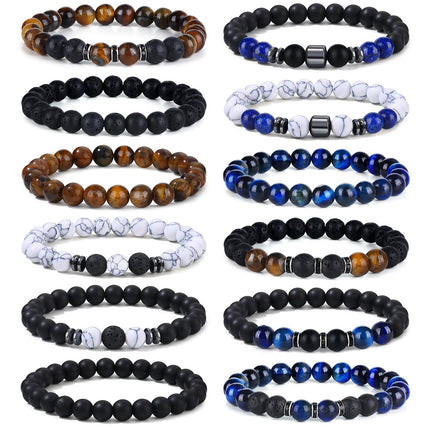 Giovanchi 12PCS Bracelets for Men 8MM Lava Rock Black Obsidian Howlite Tiger Eye Beaded Natural Stone Bracelet Jewelry Gifts for Birthday Christmas
