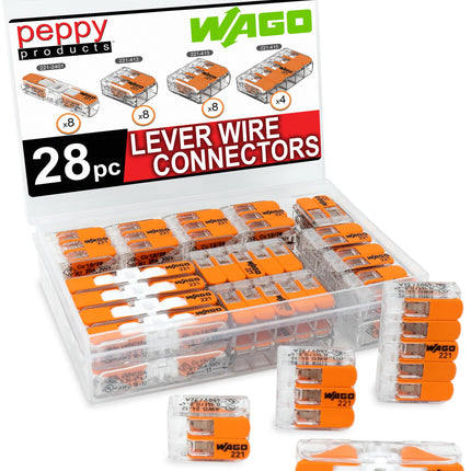 WAGO 221 Lever Nuts 28pc Compact Splicing Wire Connector Assortment with Case | Includes 221-2401, 221-412, 221-413, 221-415