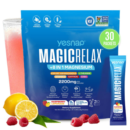 MAGICRELAX 8-in-1 Chelated Magnesium Glycinate Powder Drink Mix Supports Stress Healthy Cortisol, Mood & Sleep, KSM-66 Ashwagandha Saffron GABA L-Theanine Vitamin D3, 0 Sugar, Raspberry Lemonade