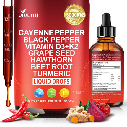 VivoNu Cayenne Pepper Softgels Supplement, Supports Leg Vein, Heart and Blood Vessel Health, with Vitamin E D3+K2 and Extracts of Grape Seed, Hawthorn, Beetroot, Berberine (Drops /1 Bottle)