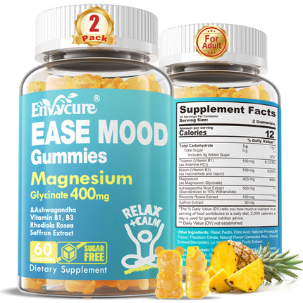 Sugar Free Magnesium Glycinate Gummies 400mg with Ashwagandha, B1, B3, Rhodiola Rosea & Saffron for Support Rest, Mood & Calm Magnesium Gummies for Adults, Chewable Magnesium Supplement, Vegan, 120Ct
