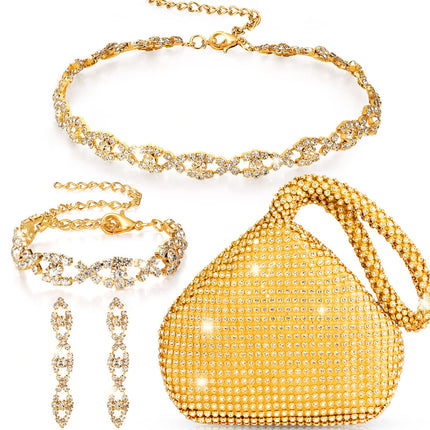 MTLEE 4 Pieces Rhinestone Necklace Choker Bracelet Earring Clutch Purses Jewelry Set Women Crystal Triangle Bling Diamond Purse Rhinestone Bag for Wedding Party (Gold)