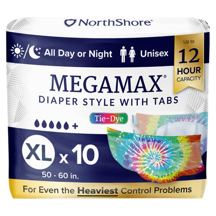 NorthShore MegaMax 12-Hour HBL Adult Diapers for Heavy Bladder Leaks, X-Large, 10 Count, Tie-Dye, 50-60 inches, Tab-Style Incontinence Underwear for Men, Women & Teens