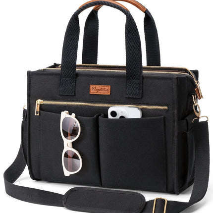 Canvas Tote Bag for Women, 15-Pocket Large Crossbody Purse Shoulder Satchel Handbag Bible Laptop Bag Zipper Bookbag for Teacher Nurse Work Travel College Everyday
