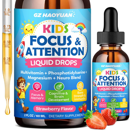 Kids Focus and Attention Supplements with Phosphatidylserine, Omega-3, Magnesium Glycinate, L-Theanine, Folate, Brain Vitamins Liquid Drops for Kids Memory, Cognitive, Sleep & Mood,Strawberry,2 Fl Oz