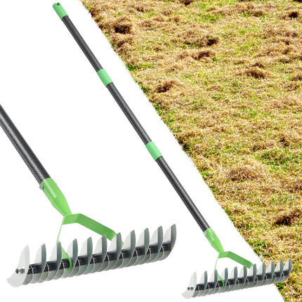 Thatch Rake for Lawns, Heavy Duty Garden Dethatcher Rakes with 46" Adjustable Long Handle, Double-Sided Sharp Tines for Dead Grass Moss Removal, Manual Metal Soil Loosening Thatching Tools for Yard
