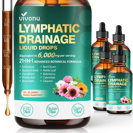 21-in-1 Lymphatic Drainage Drops for Liposomal, Immune & Lymph System Support Supplement for Women & Men with Echinacea, Dandelion, Burdock, Bromelain, Calendula, Turmeric & More, 4 Pack