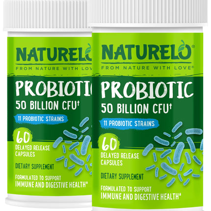 NATURELO Probiotics for Digestive Health - 50 Billion CFU, 11 Strains, Daily Use Supplement - Boosts Immune System, Delayed Release, No-Fridge, 60 Vegetarian Capsules (Pack of 2)