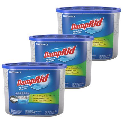 DampRid Fragrance Free Disposable Moisture Absorber & Odor Remover with Activated Charcoal, 18 oz., 3 Pack, Lasts Up To 60 Days, No Electricity Required