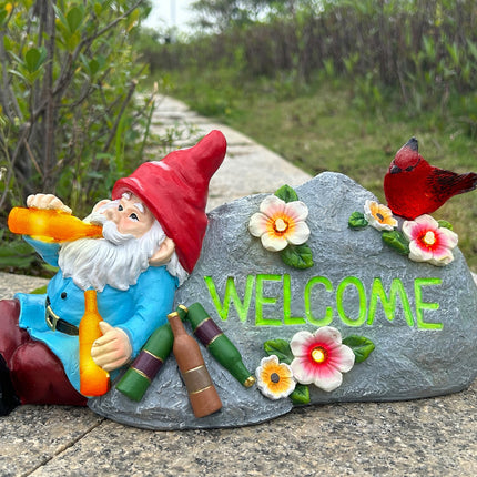 Elegondrar Funny Garden Gnomes Statue with Welcome, Solar Outdoor Gnomes Decorations for Yard, Patio, Lawn, Christmas Birthday Housewaming Gifts, for Dad, Men, Husband, Grandpa, 11.8 Inch, Resin