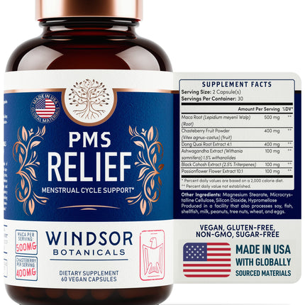 PMS Support Supplement for Women with Chasteberry, Maca Root, Ashwagandha - Period Relief, Bloating Relief for Women, Mood Support, Hormone Balance Herbal Supplements - 30 Day, 60 Vegan Capsules