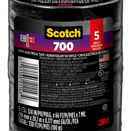 Scotch Vinyl 700 Electrical Tape, 5 Rolls, Black, 3/4-in x 66-ft, Commercial Grade, Rated for Temperatures Up to 194-Degree, Highly Flexible, Stretchy and Conformable (24413-BA-6)