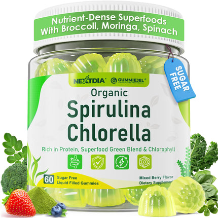 (2 Pack) Organic Spirulina Chlorella Gummies + Super Greens, High in Vegan Protein & Chlorophyll, Green Algae + Broccoli，Moringa, Spinach, C, D3, Zinc, B12 - Energy, Gut, Immune, Antioxidant, No Sugar
