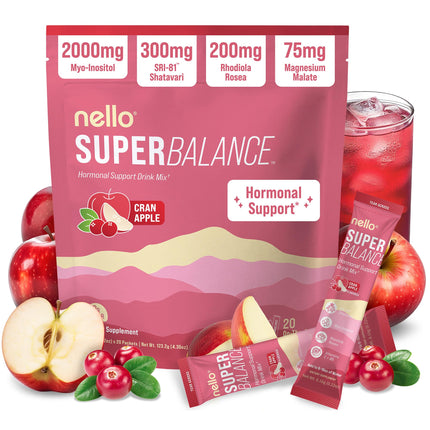 Nello Superbalance Hormonal Support Drink Mix, SRI-81 Shatavari, Myo-Inositol, Rhodiola Rosea, Vitamin C, Magnesium, Theobromine (20 Servings, Cran Apple)
