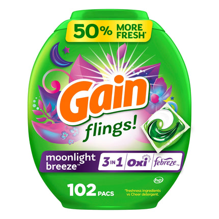 Gain Flings Laundry Detergent Pacs, 102 Count, Moonlight Breeze Scent, with Odor Defense, concentrated laundry soap pacs