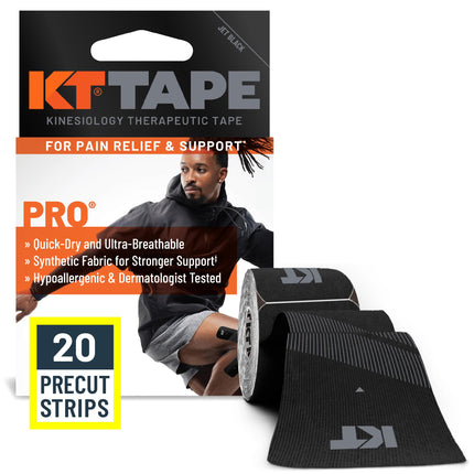 KT Tape, Pro Synthetic Kinesiology Athletic Tape, 20 Count, 10” Precut Strips, Jet Black