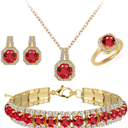 Paxuan Crystal Rhinestone Wedding Jewelry Sets Bridal Pendant Necklace Stud Earrings Link Bracelets Rings Set for Women (Gold Plated Red Cubic Zirconia)