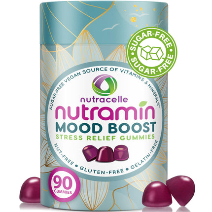 NUTRAMIN Mood Boost Multivitamin Gummy - Delicious & Yummy Anti-Stress Magnesium Ashwagandha Gummies + B Complex Vitamins for Focus and Calm - Sugar-Free, Vegan, Gluten-Free, Allergy-Safe (90 Count)