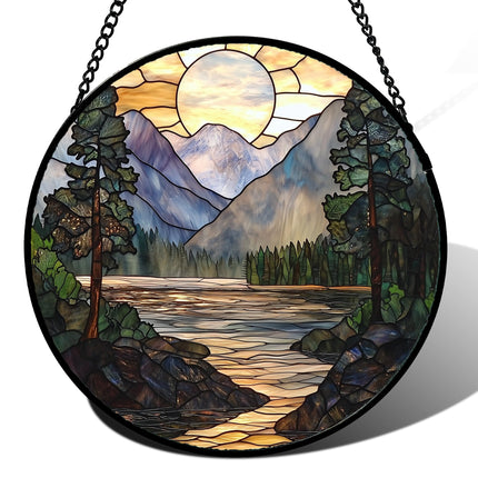 AMDERVEN Stained Glass Window Hanging, Sunset Mountains Lake Tree Sun Catcher for Window Home Decor Landscape Suncatcher Mother's Day Birthday Gifts for Women Men Mom and Nana 11.8 in