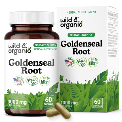 Wild & Organic Goldenseal Root Capsules 1000mg - Immune & Lung Support - 60 Goldenseal Root Powder Capsules - 30 Days Supply - Vegan, No Fillers, Non-GMO