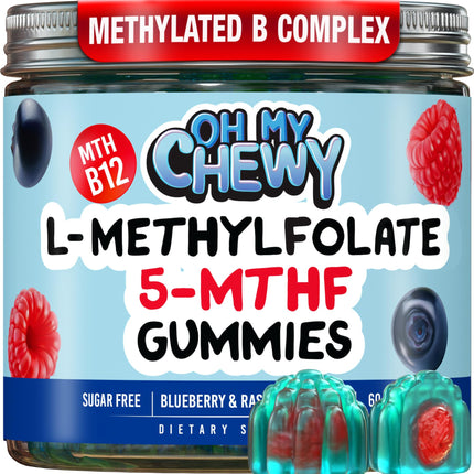OH MY CHEWY Center-Filled 5-MTHF Folate L-Methylfolate Gummies - MTHFR Support Sugar-Free Vitamins B Complex with Methylated B1, B6 and B12 Cofactor - Mood, Behavior, Cognition - 60 Count
