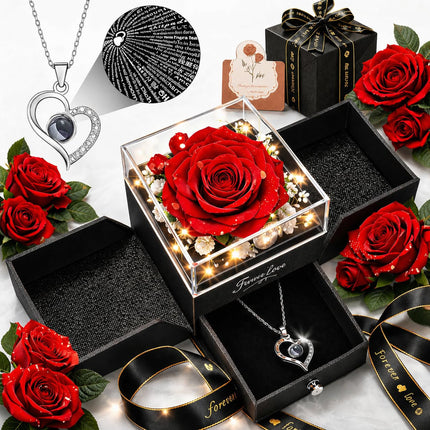 cdco Forever Love Preserved Real Rose with Heart Necklace, Mothers Day Gifts for Mom, Wife, Anniversary Birthday Gifts for Women – Projects “I Love You” in 100 Languages