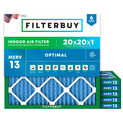 Filterbuy 20x20x1 Air Filter MERV 13 Optimal Smoke & Allergy Defense (6-Pack), Electrostatic Pleated HVAC AC Furnace Filters Replacement, Made in USA (Actual Size: 19.50 x 19.50 x 0.75)