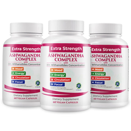 1 Body Ashwagandha Complex Supplement, Focus and Energy Support, 180 Vegan Capsules