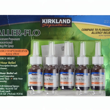 Kirkland Signature Aller-Flo Fluticasone Propionate (Glucorticoid) 5 Bottles x 120 Metered Sprays 0.54 Fl OZ per Bottle (15.8 mL x 5) 2.70 OZ Total (79 mL Total) 600 Total Sprays Total, 1-Pack