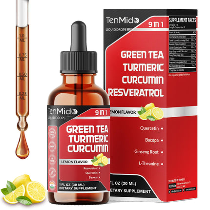 Tenmido Green Tea Extract Liquid Drops - 9in1 with Turmeric Curcumin, Resveratrol, Quercetin, Bacopa, Panax Ginseng, L-Theanine, Pomegranate and Black Pepper - 30ml 1 Fl Oz