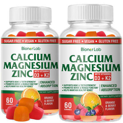 BionerLab Calcium Magnesium Zinc Gummies with Vitamin D3 & K2 - High Absorption Complex with Magnesium Glycinate Calcium Zinc Citrate for Bone Muscle & Immune Health - Sugar-Free Orange Berry Flavored