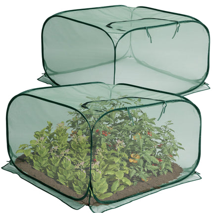 2 Pcs Pop Up Mesh Plant Cover, 35" x 35" x 27.5" Foldable Plant Protector Mesh Plant Enclosure, Garden Net Cage Guard Cover with 8 Ground Stakes for Protecting Plant Vegetable Fruit from Birds Insects