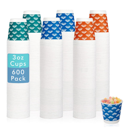 JollyPack 600 Pack 3 oz Disposable Bathroom Paper Cups, Small Mouthwash Cups in Orange, Blue, and Green, Great for Candy, Biscuits, Bathroom Use, Parties, Picnics, and Travel