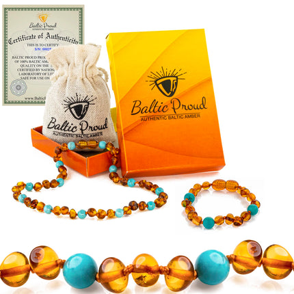 Baltic Amber Necklace & Bracelet Gift Set, Cognac Turquoise, 12.5"/5.5"