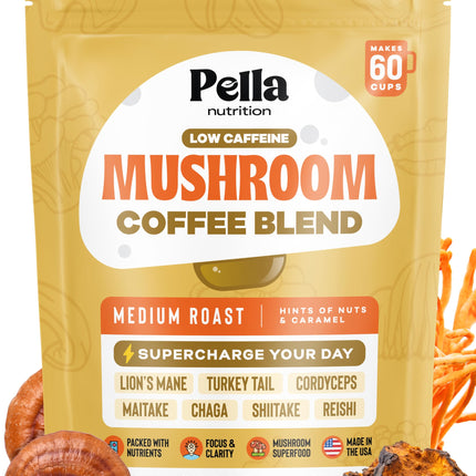 Low-Caffeine Mushroom Coffee (60 Servings) – Superfood Great Tasting Instant Coffee – Includes Lion's Mane, Reishi, Chaga, Cordyceps, Shiitake, Maitake, and Turkey Tail Mushroom Supplement