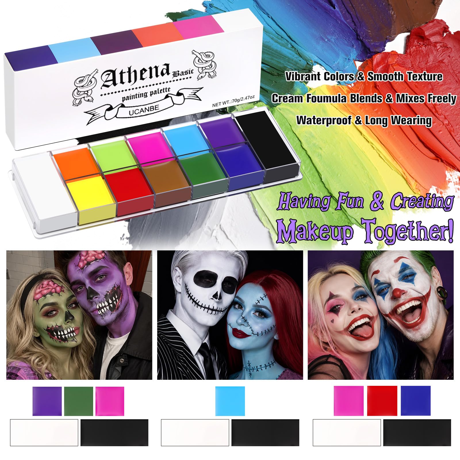 UCANBE Athena Basic Face Body Paint Oil Palette, 12 Color Large Black ...