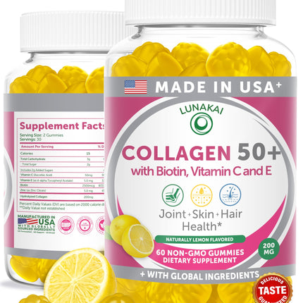 Lunakai USA Made Collagen Gummies for Women & Men Over 50, Biotin & Vitamin C, Supports Skin Elasticity, Hair & Nail Strength, Joint Support, 60ct