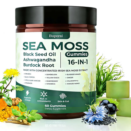 Buporai Sea Moss Gummies 16-1, Black Seed Oil Ashwagandha Turmeric Bladder Wrack Vitamin C Vitamin D3 Elderberry Manuka Dandelion Yellow Dock Apple Cider Vinegar for Men & Women