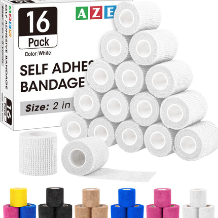 AZEN 16 Pack Self Adhesive Bandage Wrap Pink, 2" X 5 Yards Elastic Cohesive Bandage Wrap, Athletic Tape, Vet Wrap, Ankle Tape, Tattoo Grip Tape Wrap (White)