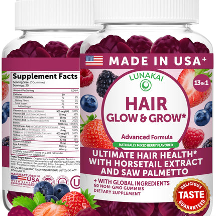 Lunakai USA Made Super Hair Gummies with Biotin, Zinc, Horsetail Extract & Saw Palmetto - Hair Growth Vitamins for Women & Men – Supports Thicker, Longer, Stronger Tresses, Skin & Nails, 60ct