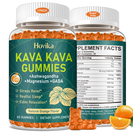 Hovika Kava Kava Gummies - Kava Root Extract with Ashwagandha, GABA & Magnesium for Calm Relaxation, Sleep & Stress Support - Sugar Free Orange, Vegan 60 Count