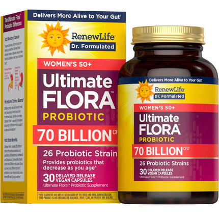 Renew Life Ultimate Flora Probiotics for Women 50+ 70 Billion CFU Delayed Release Vegan Capsules | Vaginal | Digestive Health | Immune Health | Dairy Free | 30 Count