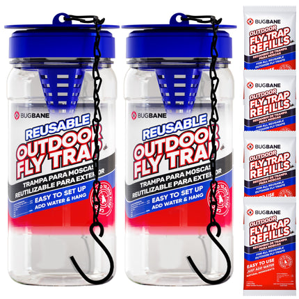 2 Fly Traps Outdoor Fly Trap for Patio with 4 Non-Toxic Dissolvable Bait Refills. Reusable Hanging Bug Catcher Killer for All Filth Flies for Outside Bug Control Yard Ranch. Hanging Chains Included.